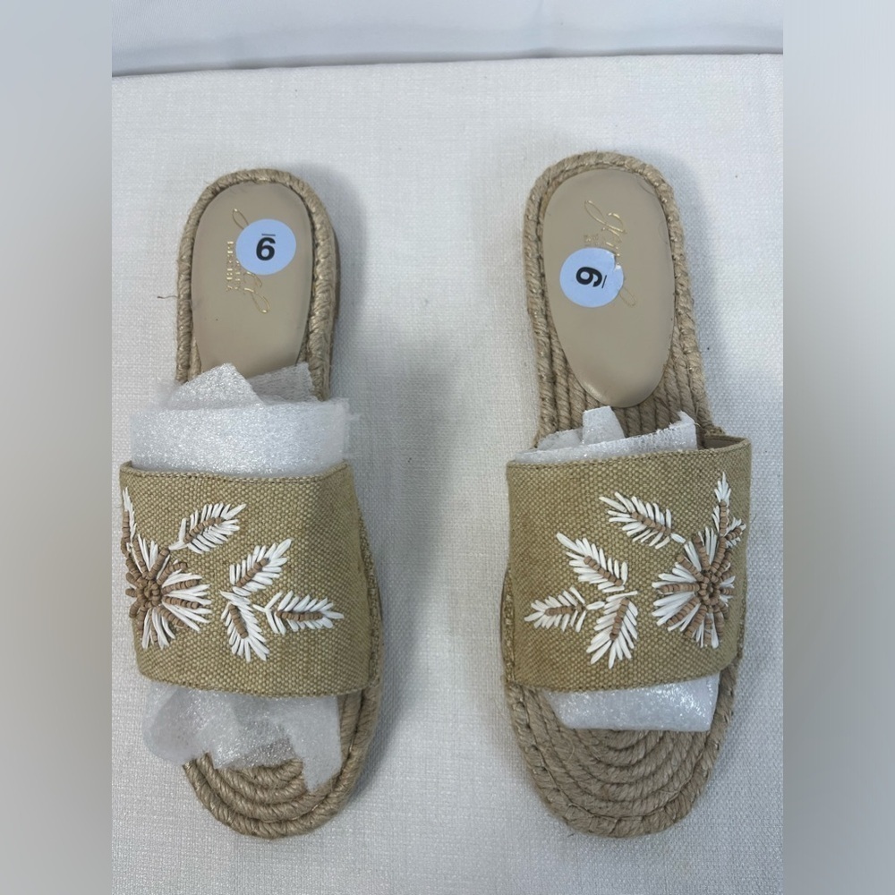 Badgley Mischka Jewel Kyrene Espadrille Slide In Sandals Embroidered Tan Sz 9